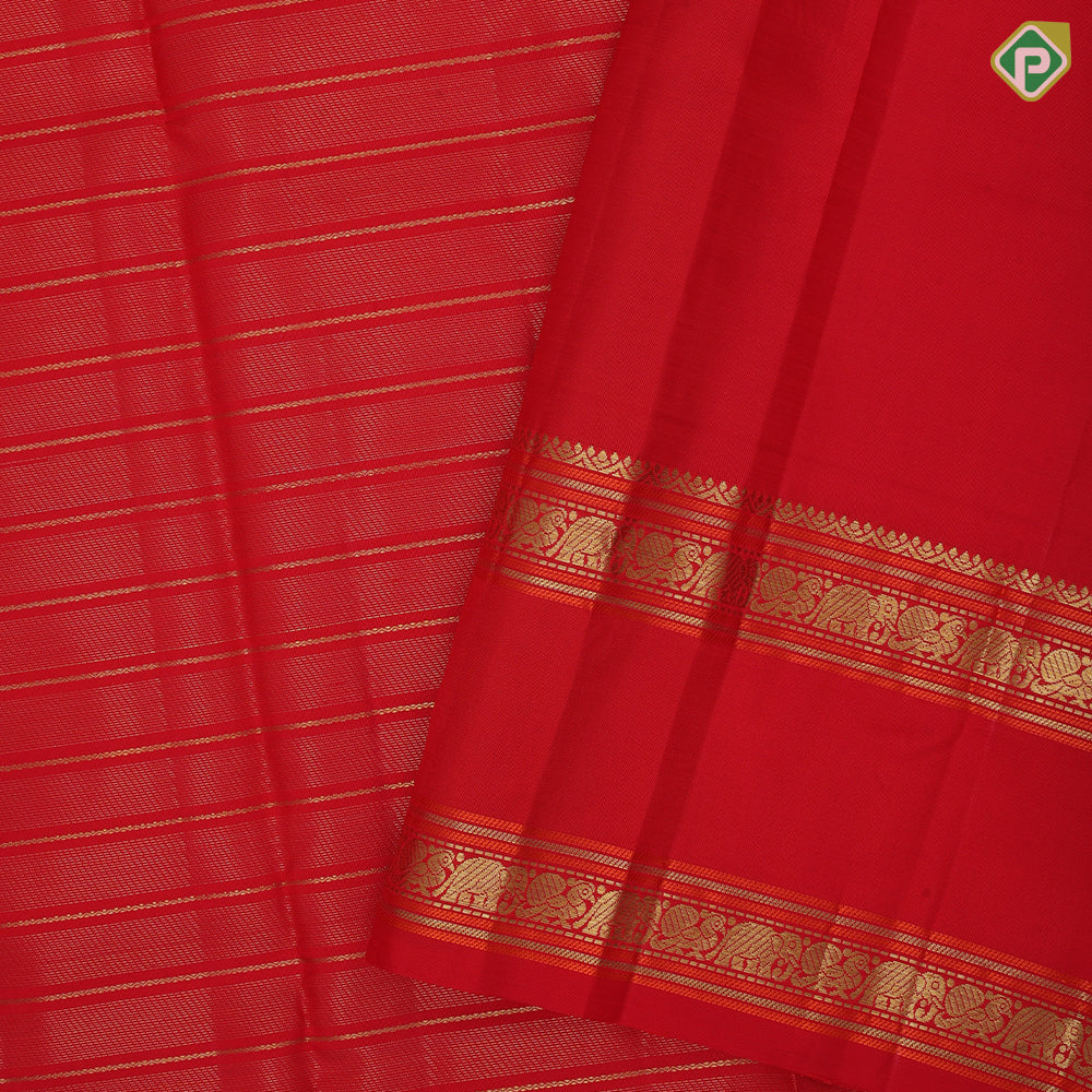 Chilly red gold zari velthaari vairaoosi lines design self gold zari orange padded butta retta pattai vintage silk saree