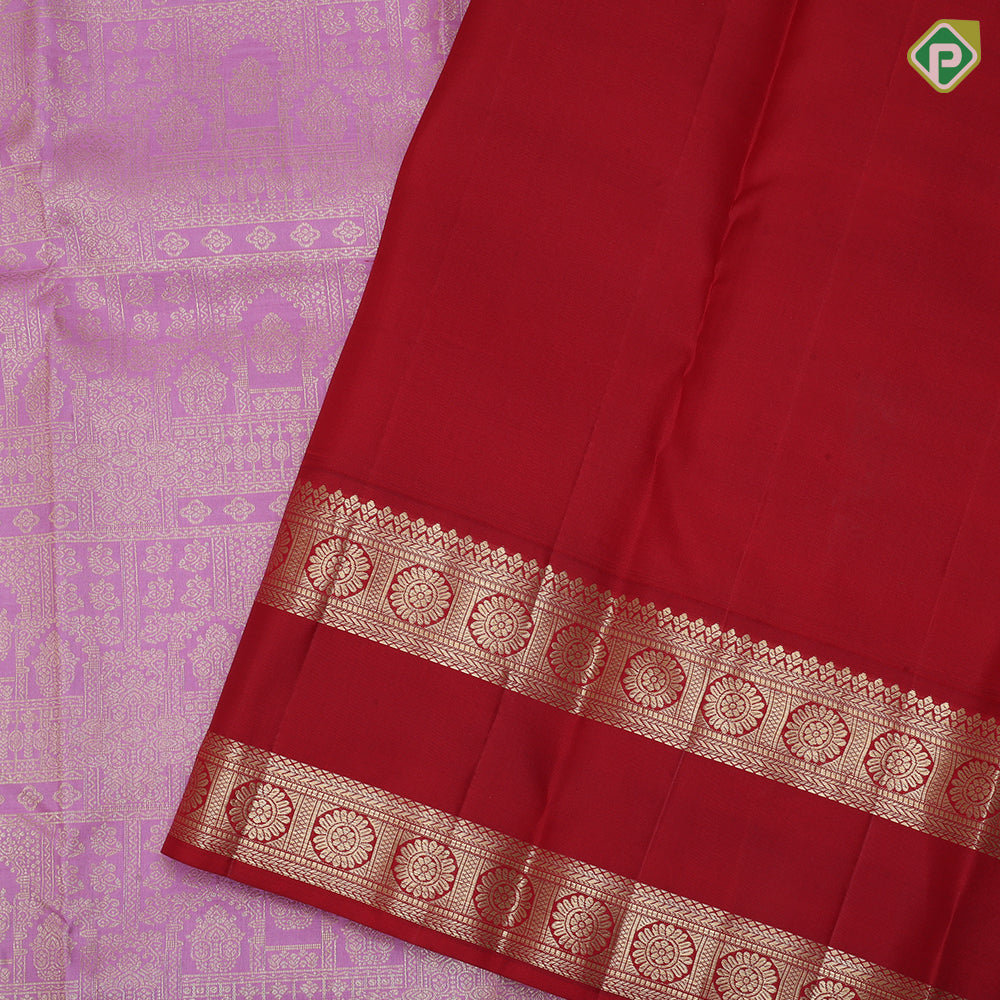 Baby pink gold zari grand design contrast red gold zari double line border bridal silk saree