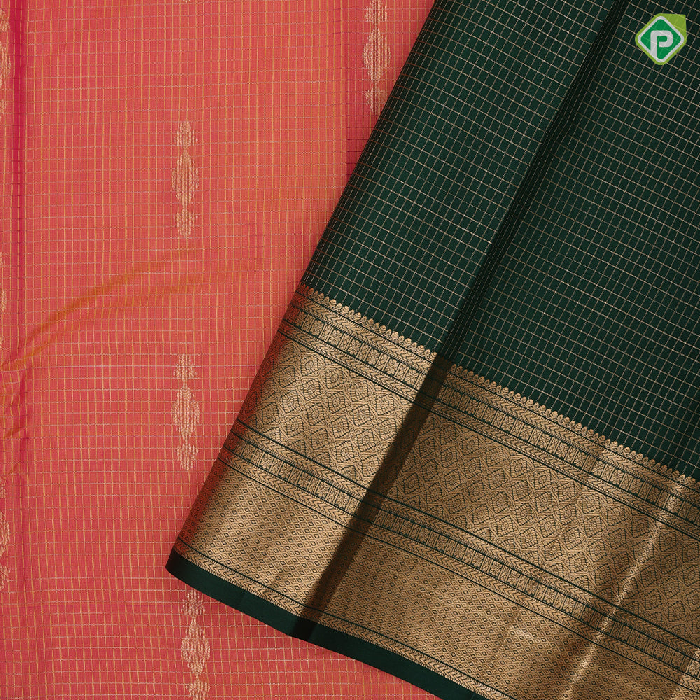 Orangish Yellow Gold Zari Vairaoosi Checks Jumki Design Purple Mayilkan Border Design Traditional Silk Saree