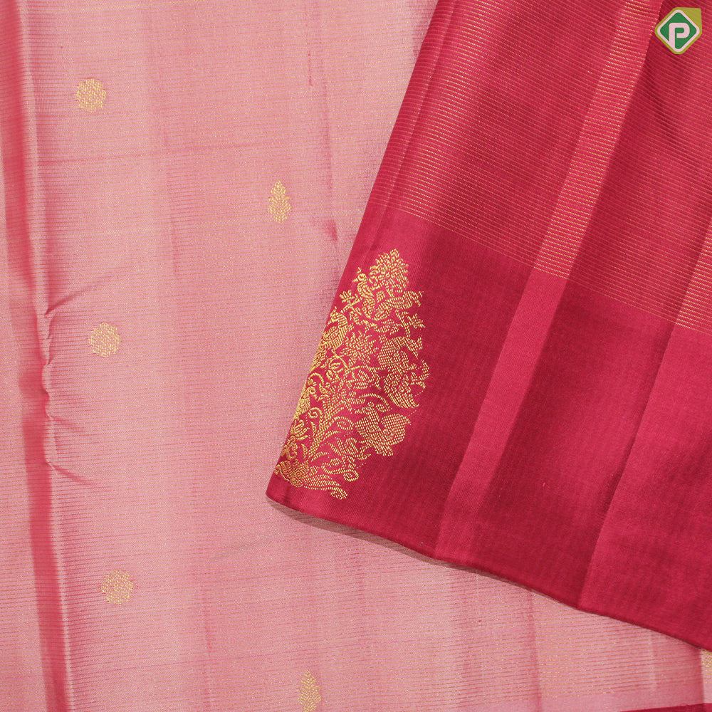Peach Pink Gold Zari  With Chili Red Border Traditional silk Saree
