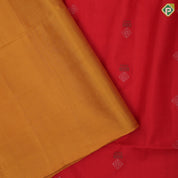 Tomato red silver zari silk thread fancy butta mustard yellow silver zari temple border soft silk saree