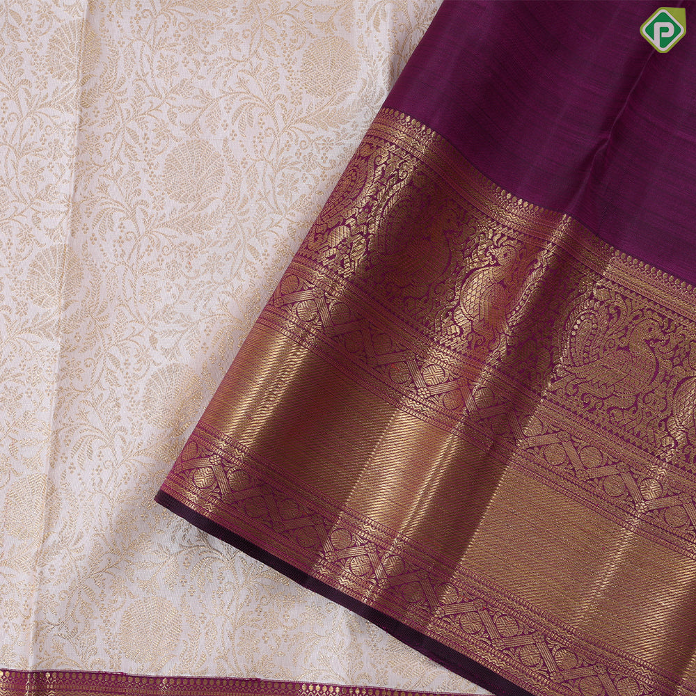 Cream White grand floral design contrast border exclusive grand bridal silk saree