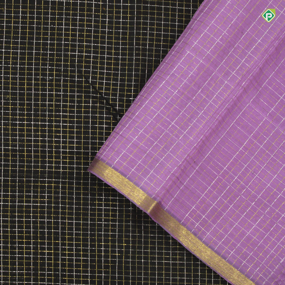 Black With Lavender Colour Small Zari Cross Checks Luxury Black Silks Saree
