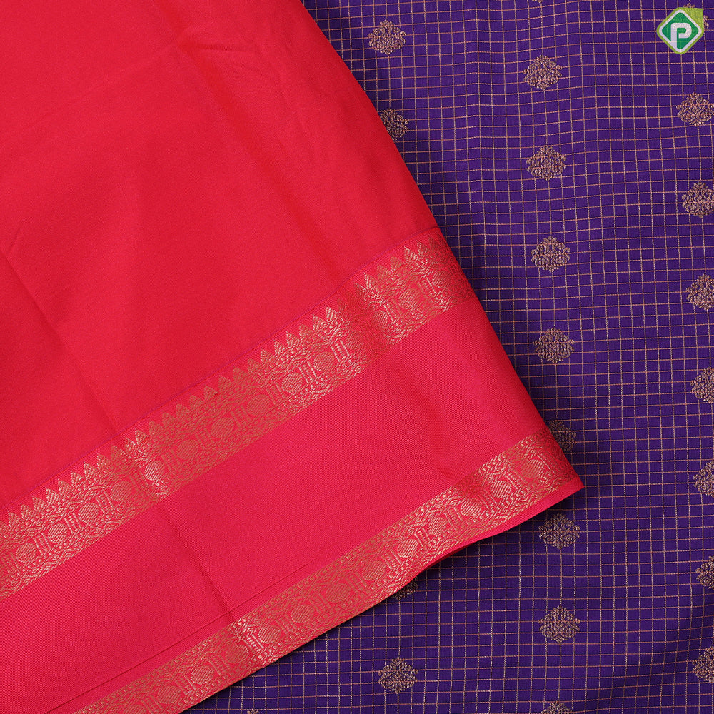 purple blue gold zari kattam and butta design contrast pink rettapet border art silk gift saree