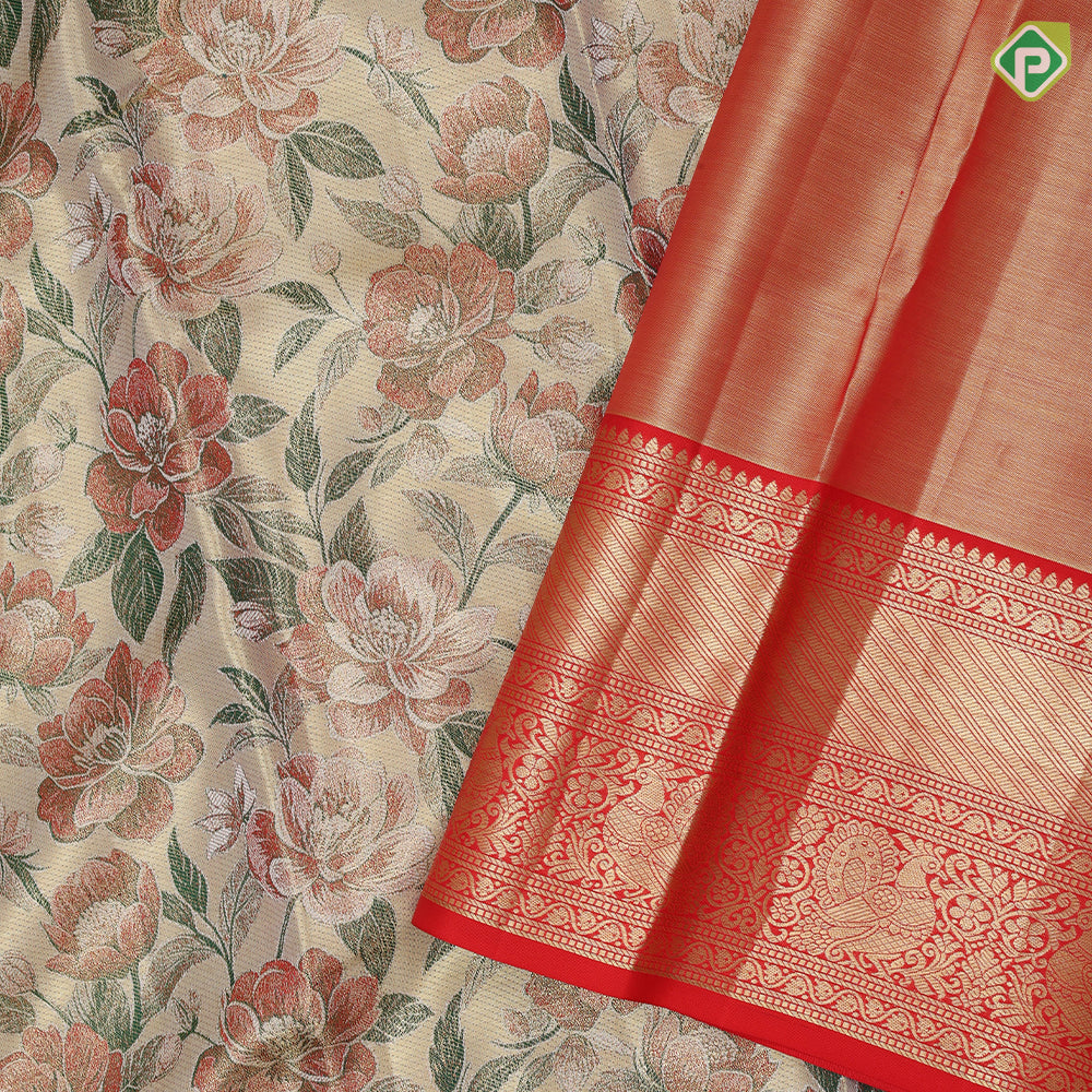 Multi color gold zari by by floral design contrast red gold zari peacock design border tissue silk saree