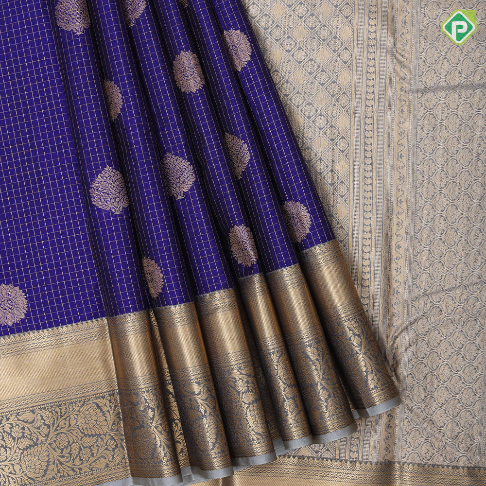 royal blue gold zari check and flower thilagam butta cardamon green gold zari rangoli butta border art silk saree