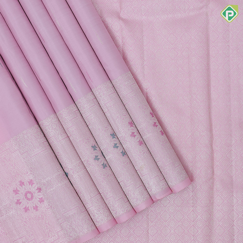 Pale pink and multi color zari rain drop design self silver zari mid meena work geomatical design border trendy designer silk saree