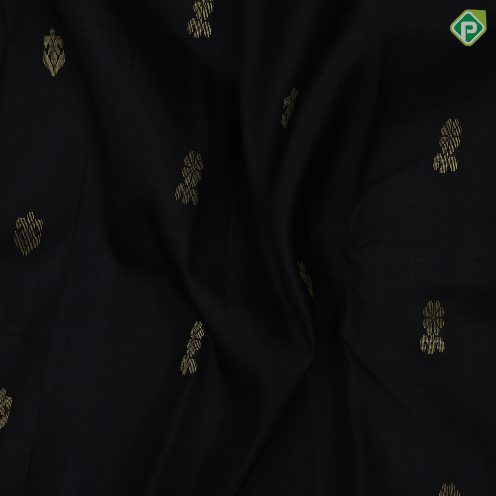 Black gold zari fancy flower butta body design Rani red gold zari diamond border one side silk saree