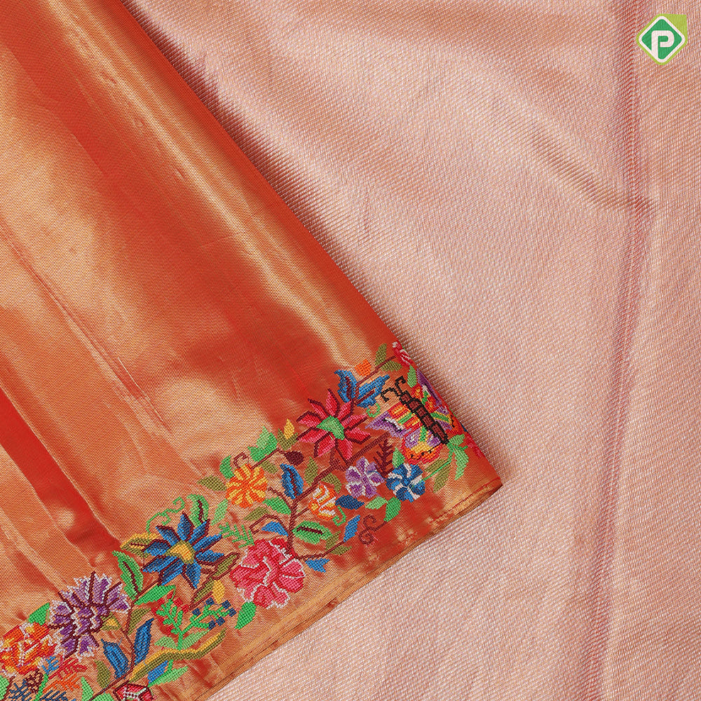 Goldish orange base silver zari diamond tissue weaved multi color thread embroidered border embroidery silk saree