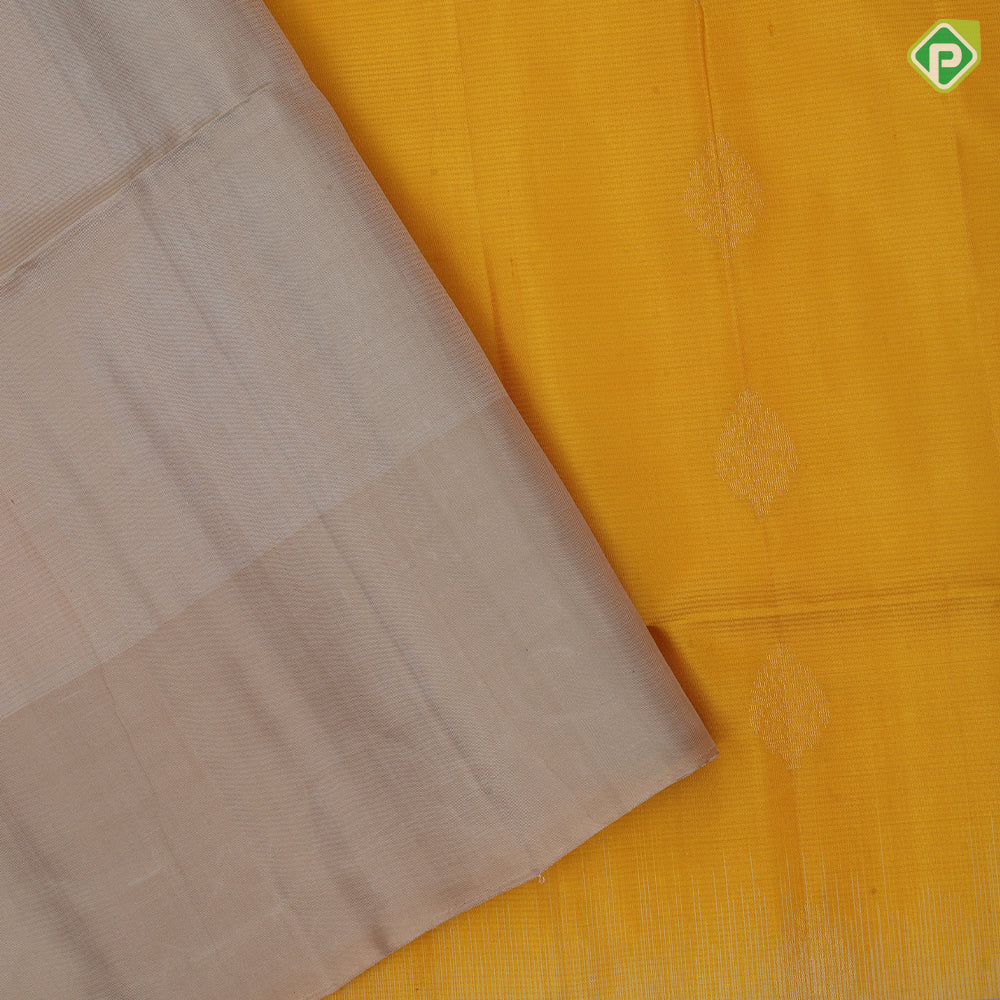 Corn yellow gold zari fancy leaf butta motifs light beige plain border contrast grand pallu soft silk saree