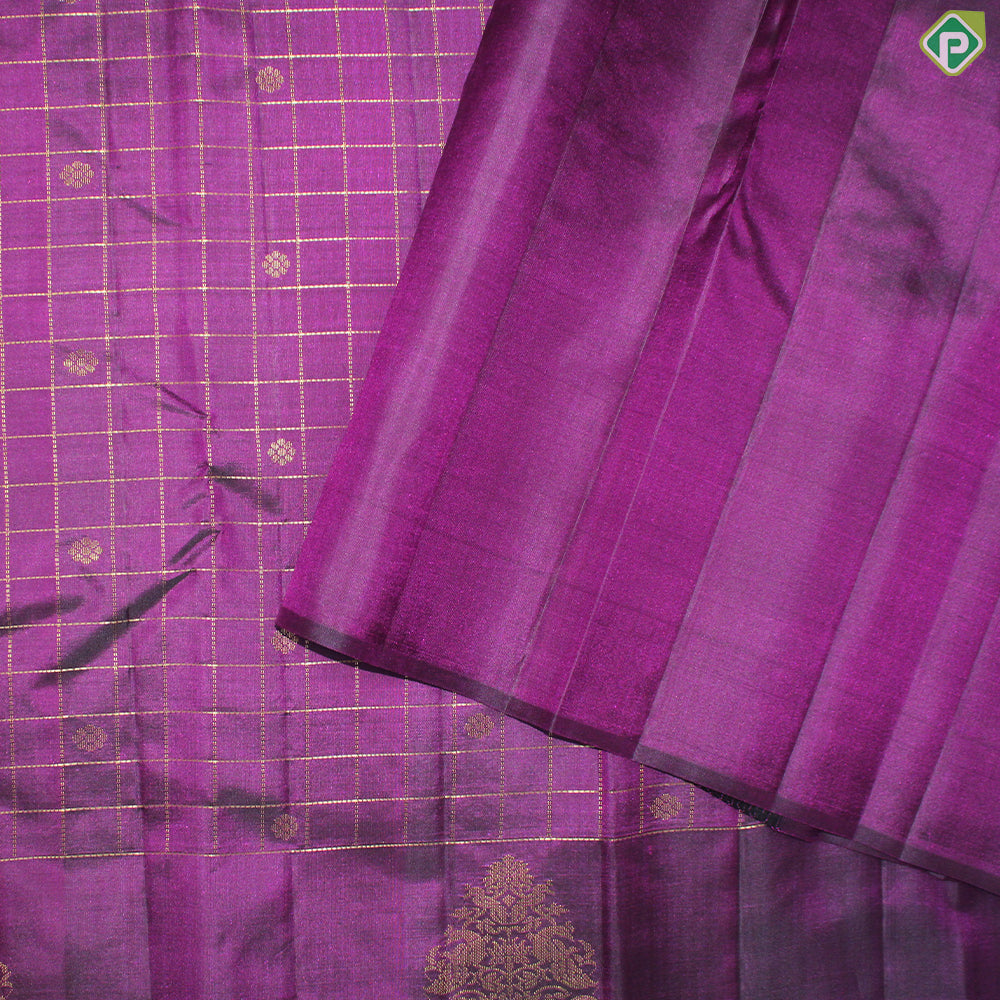 Magenta Color Gold Zari Vaira Oosi Line And Small Motif Border Peacock Tree Butta Traditional Silk Saree