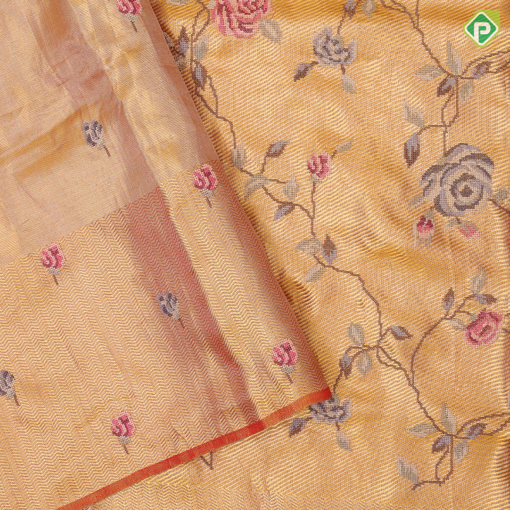 light Lavender gold zari with silk thread floral embroidered design plain gold zari zig zag border embroidery silk saree