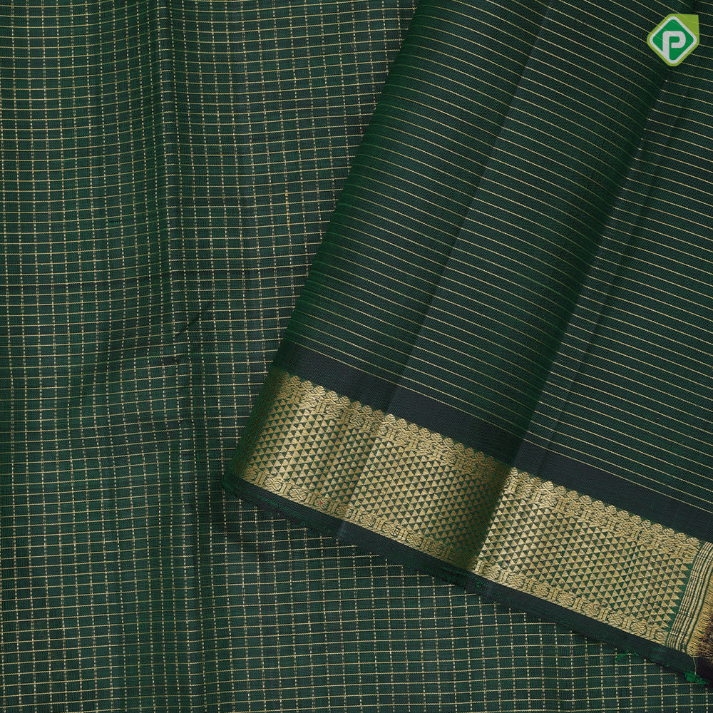 Bottle green gold zari vairaoosi kattam window panel self gold zari mayikan border koorai silk saree