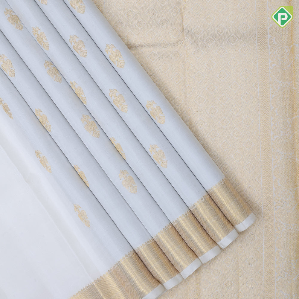 Pure white gold zari gandapiranda butta motifs self gold zari bavanji border traditional silk saree