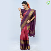 Magenta gold zari velthaari lines design purple gold zari round butta retta pattai border vintage silk saree