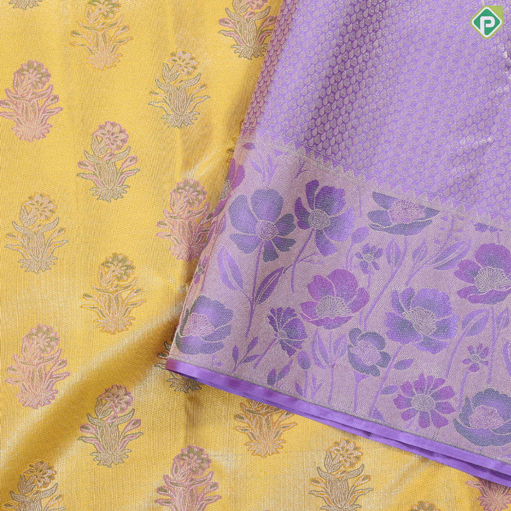 Cyber yellow zari thread floral butta design dark lavender fancy flowers meena work tissue border trendy silk saree