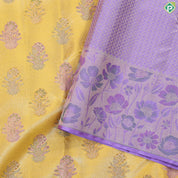 Cyber yellow zari thread floral butta design dark lavender fancy flowers meena work tissue border trendy silk saree
