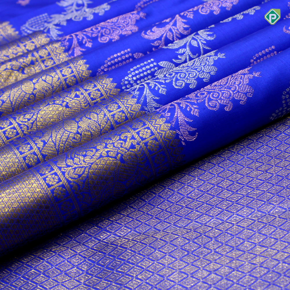 Royal Blue Cross Floral Leharia Lines Bridal Silks Saree