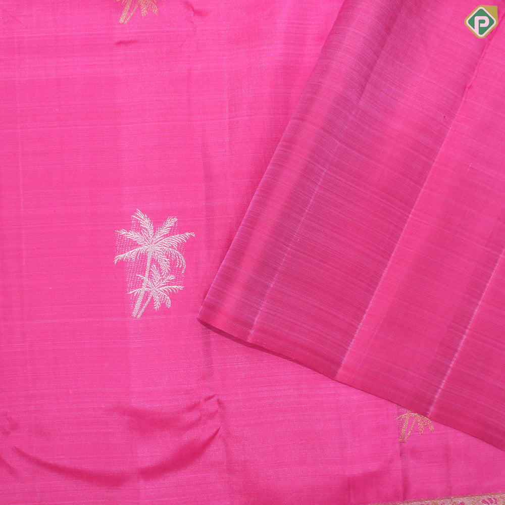 Dark Pink Gold And Silver Zari Coconut Tree Motif With Self Color Gold And Silver Zari Mango Design Border Traditional Silk Saree