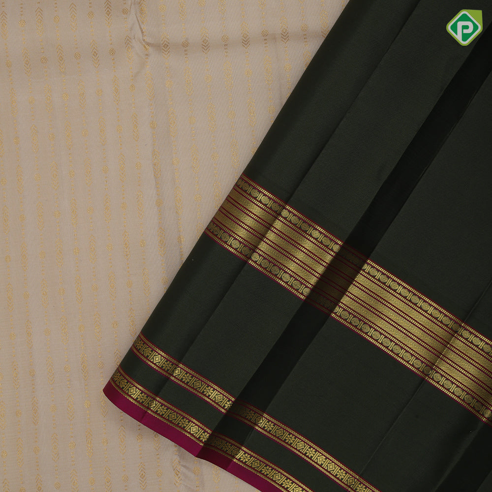 Cream White Gold Zari Arrow Straight Line Design Olive Green Ruthracham Flower Diamond Border Design Traditional Silk Saree
