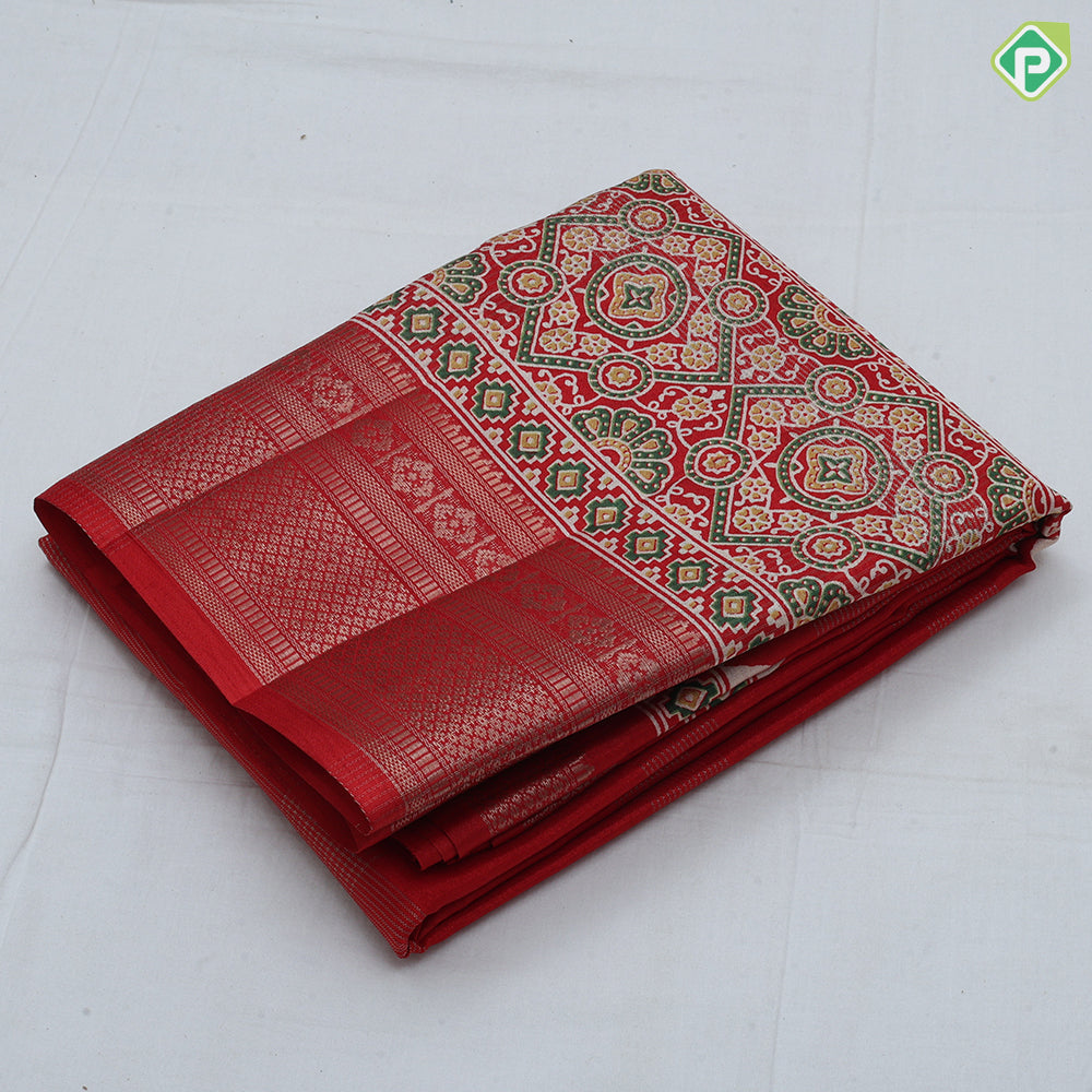 Dark color gold zari groped lined rangoli design padded self gold zari border fancy cotton saree