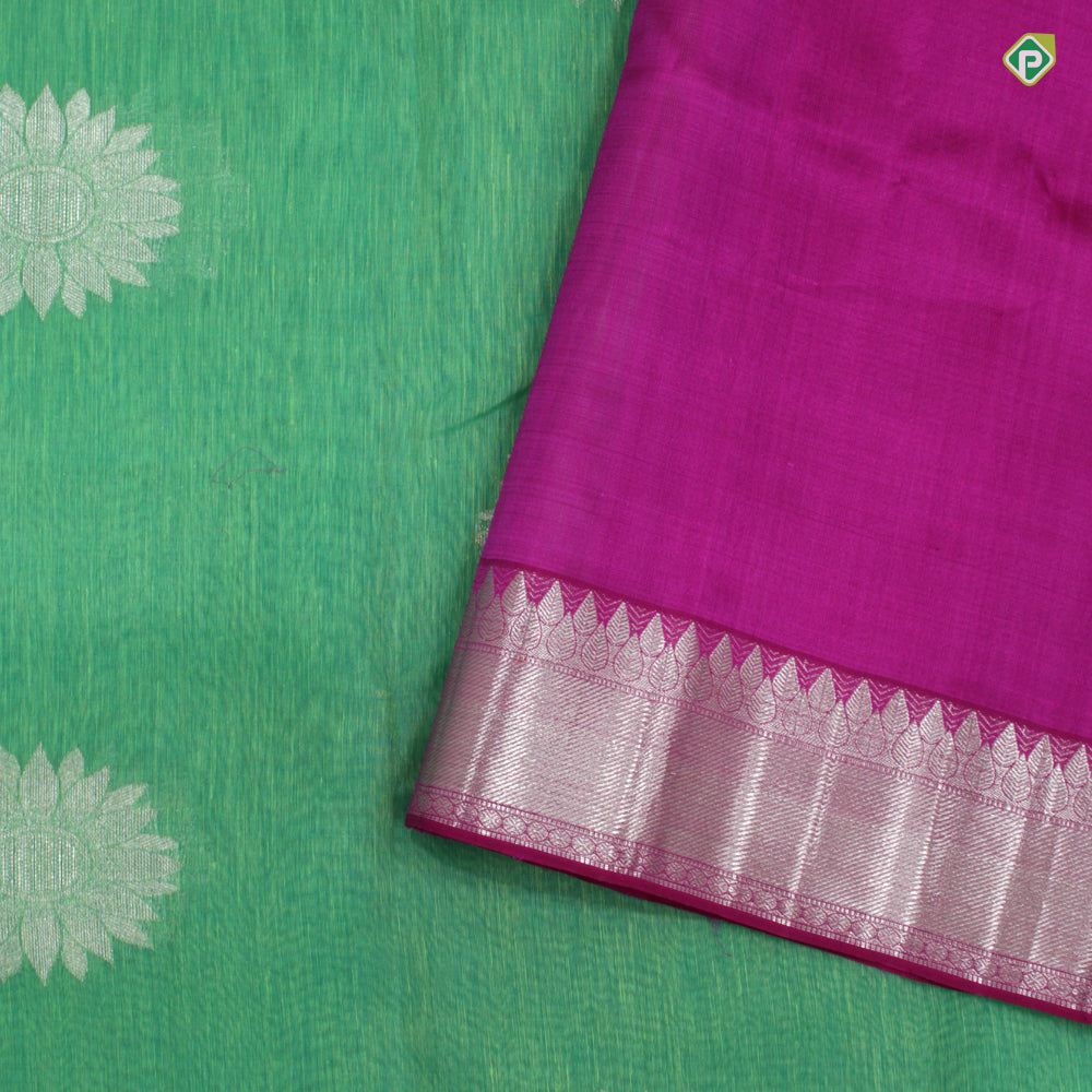Sea Green With Hot Pink Flower Motifs Partly Motifs Linen Silks Saree