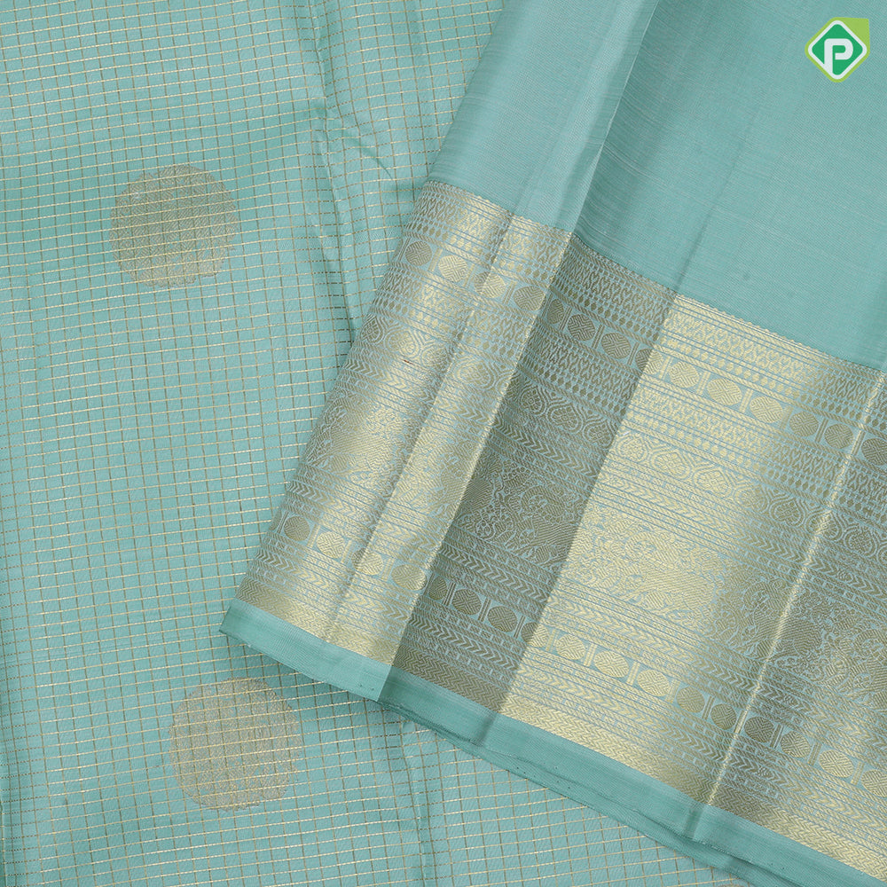 Manthulir green gold zari vairaoosi checks self gold zari multi design lines border traditional silk saree