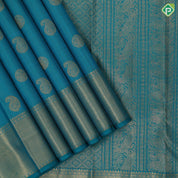Teal green gold zari vairaoosi mango kandapiranda butta design self gold zari zig zag design border traditional vintage silk saree