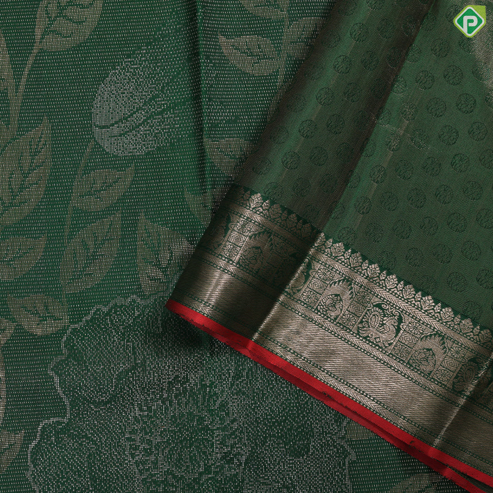 Bottle green silver and gold zari big floral with leaves design self gold zari border trendy designer silk saree