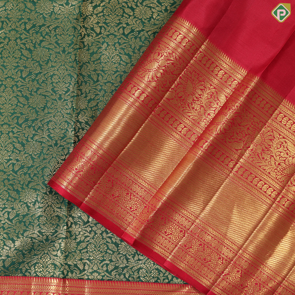 Dark green with gold zari grand floral design contrast maroon red gold zari border grand brocade bridal silk saree