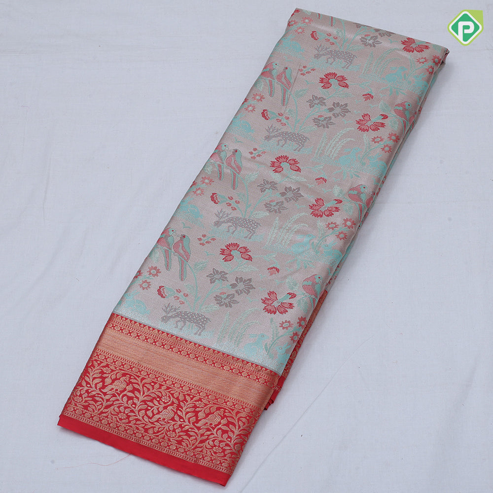Pewter pink base multi color wild effect design dark green gold zari floral birds design border tissue art silk saree