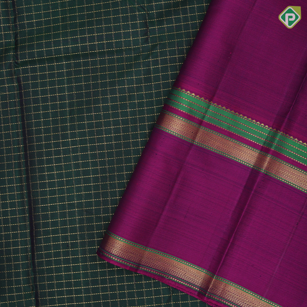 Castleton green gold zari vairaoosi zari kattam contrast purple gold zari rettapet border traditional silk saree