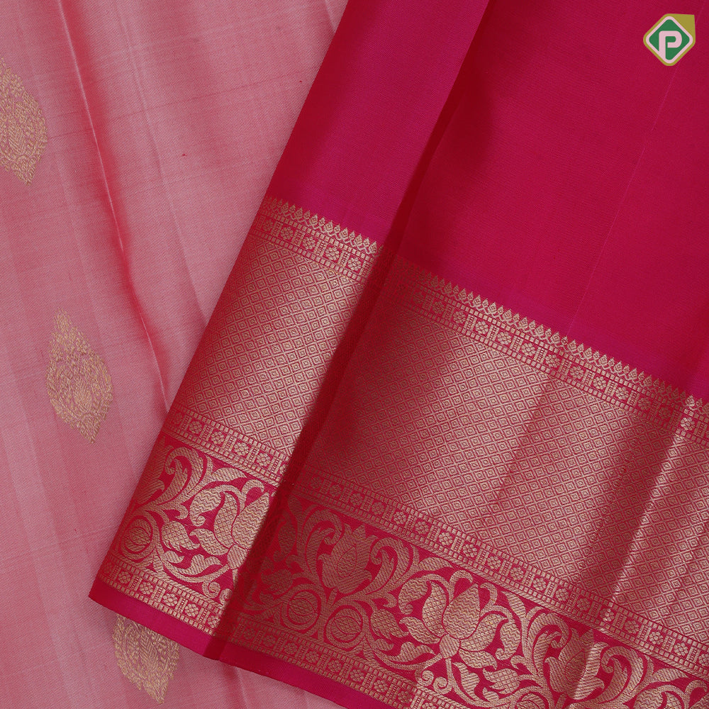 salmon  pink gold zari thilagam design dark pink lotus mayilkan border design traditional silk saree