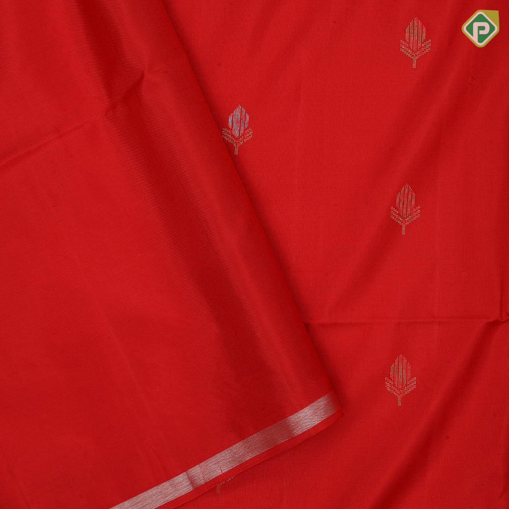 tomato red silver gold zari fancy flower buds butta self gold zari fancy shape border soft silk saree