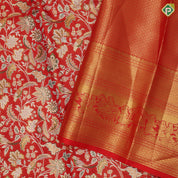tomato red silver gold zari meena work bird and floral design self gold zari pallakku design border tissue silk saree