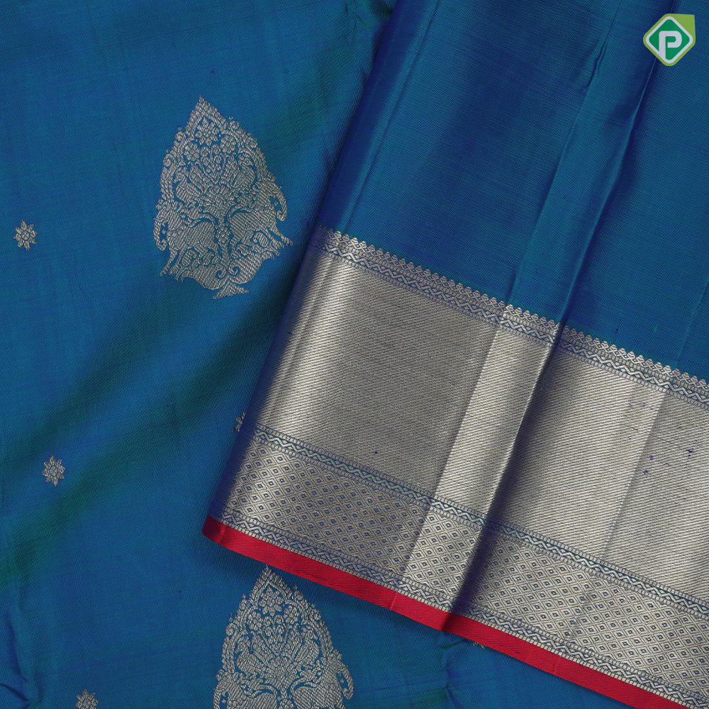 Peacock Blue Gold Zari Yazhi Peacock Design Self Colour Mayilkan Border Design Traditional Silk Saree
