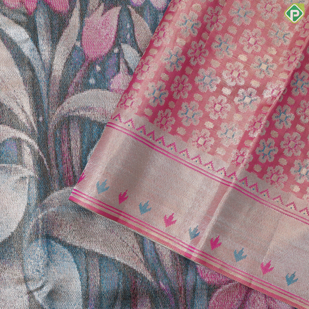 Multi colour silver zari by zari big flowers weaved design peach pink plain border bridal tissue silk saree