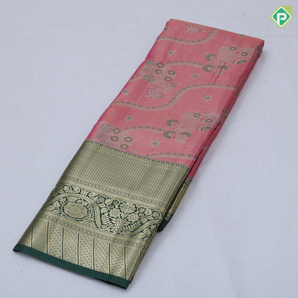 Rama green silk thread floral design rani pink gold zari grand border art tissue silk saree