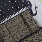 Ash Grey Big Elephant ikkat Design Contrast Black Gold Zari Peacock and mango multi lines border Ikkat silk saree