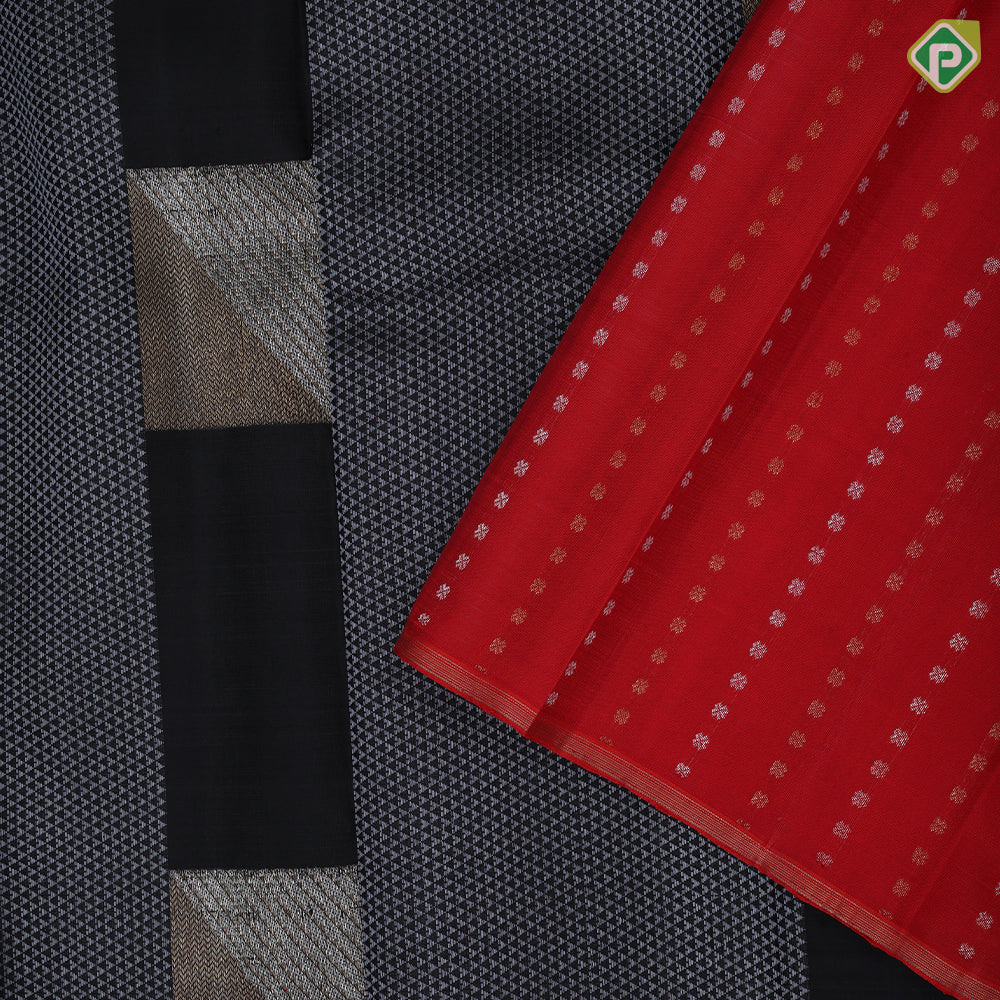 Black Colour Silver Gold Zari Arrow And Square Design Chilly Red Ledge Border Design Luxury Black Silk Saree