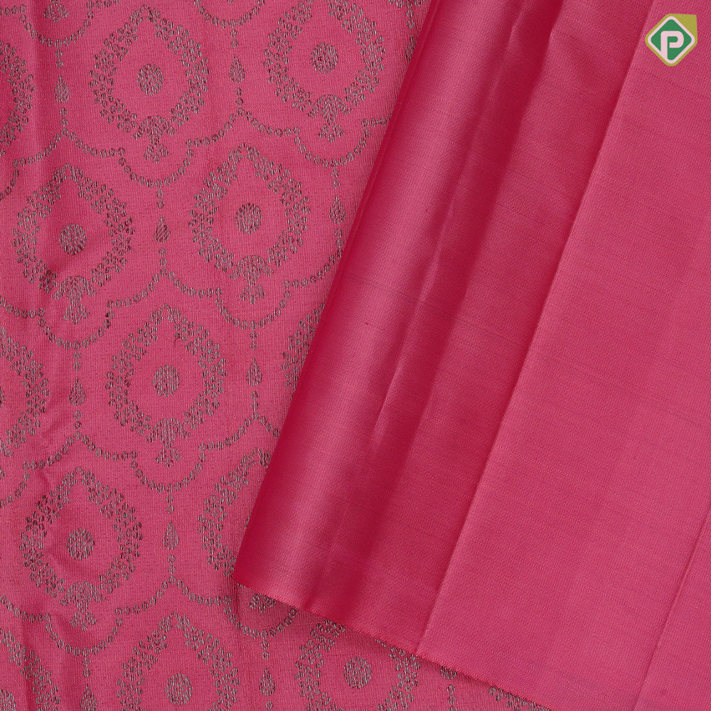 Magenta pink neem zari self thilagam design self color multi lines border self weaved silk saree
