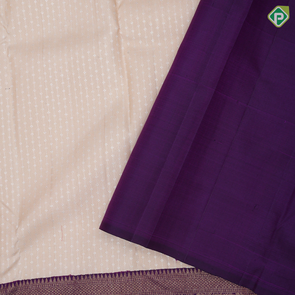 creamy peach silver zari beads stripes violet gold zari mango and floral border traditional silk saree