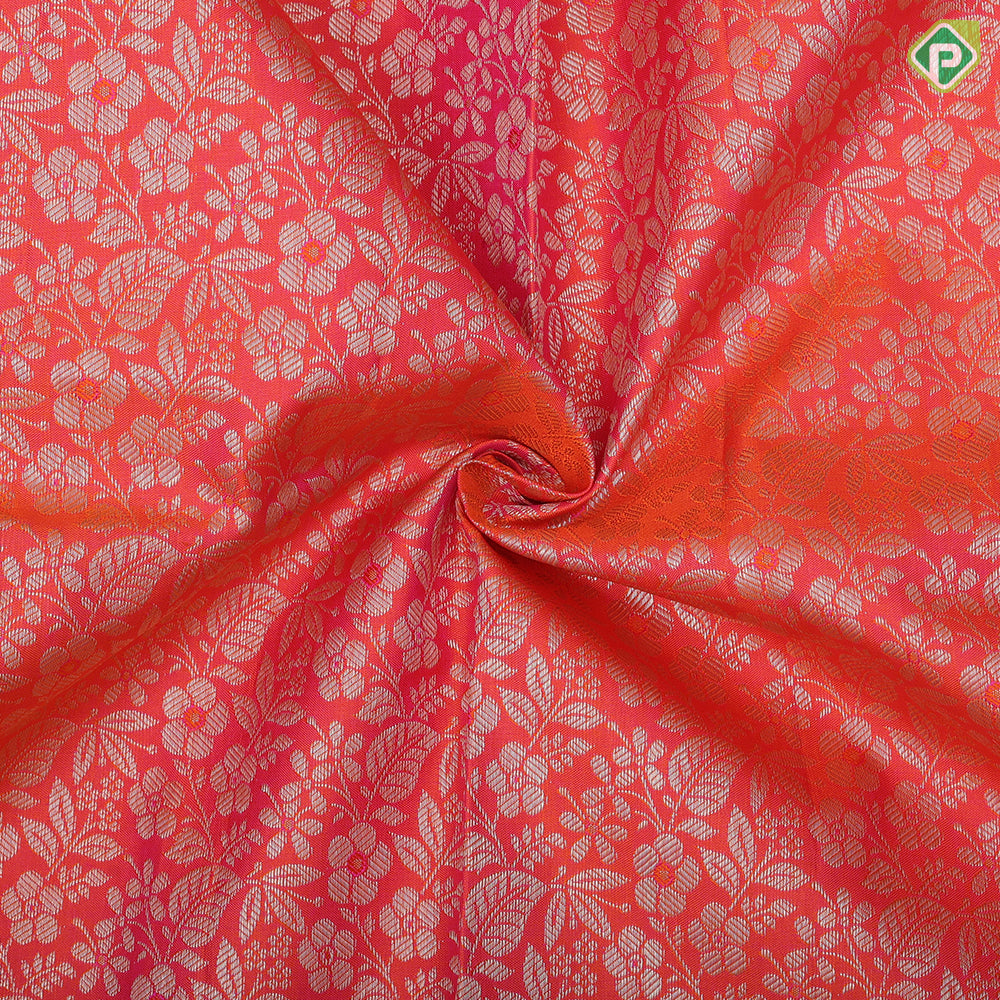 Pinkish orange silver gold zari grand floral design rexona green gold zari retta patti border pattu paavadai lehanka