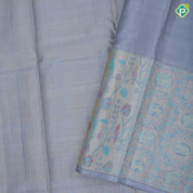 Blueish grey gold zari vairaoosi checks design self silver gold zari banaras style border fusion silk saree