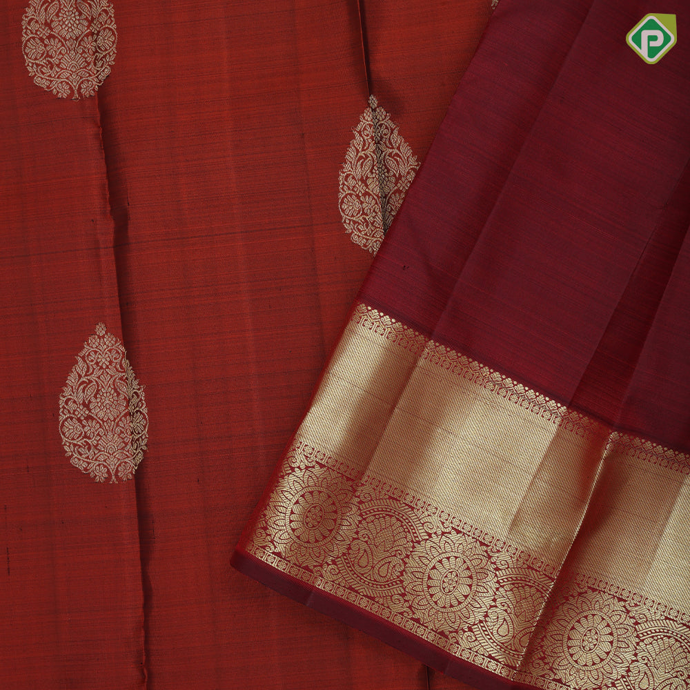 Rust Orange Gold Zari Thilagam Butta Design Coffee Brown Mango Charagam Border Design Traditional Silk Saree