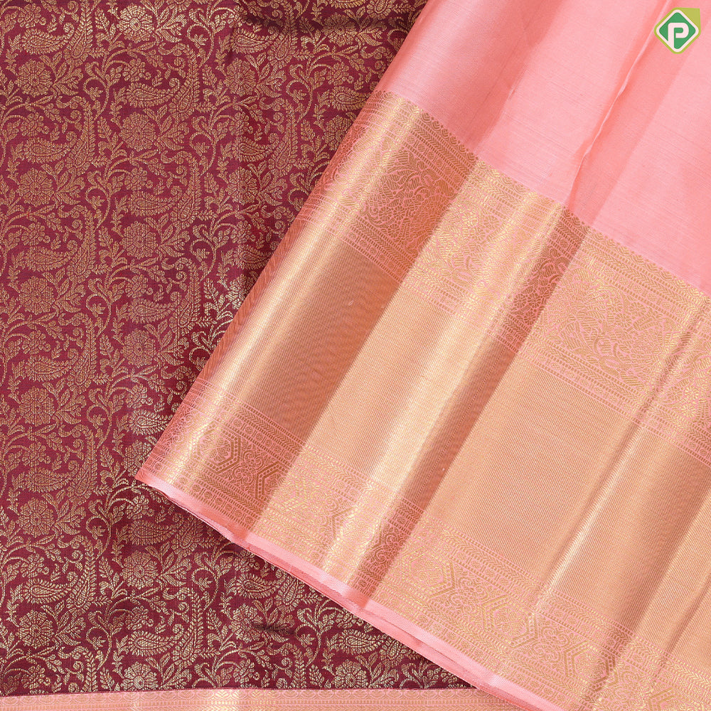 Maroon Red Grand Gold Zari Floral Creeper Design Peach Pink Border Bridal Silk Saree