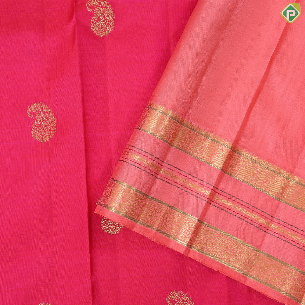 Rani pink gold zari mango butta motifs peach with gold zari silk thread lines border traditional silk saree