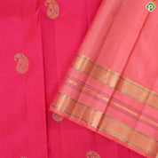 Rani pink gold zari mango butta motifs peach with gold zari silk thread lines border traditional silk saree
