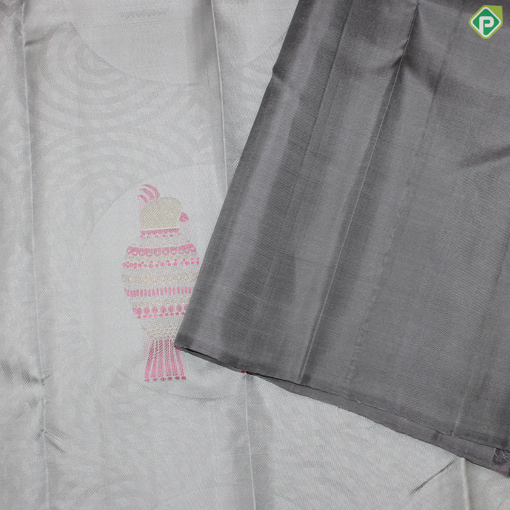 Gray Color Meena Work Parrot Design Border Less Trendy Silk Saree