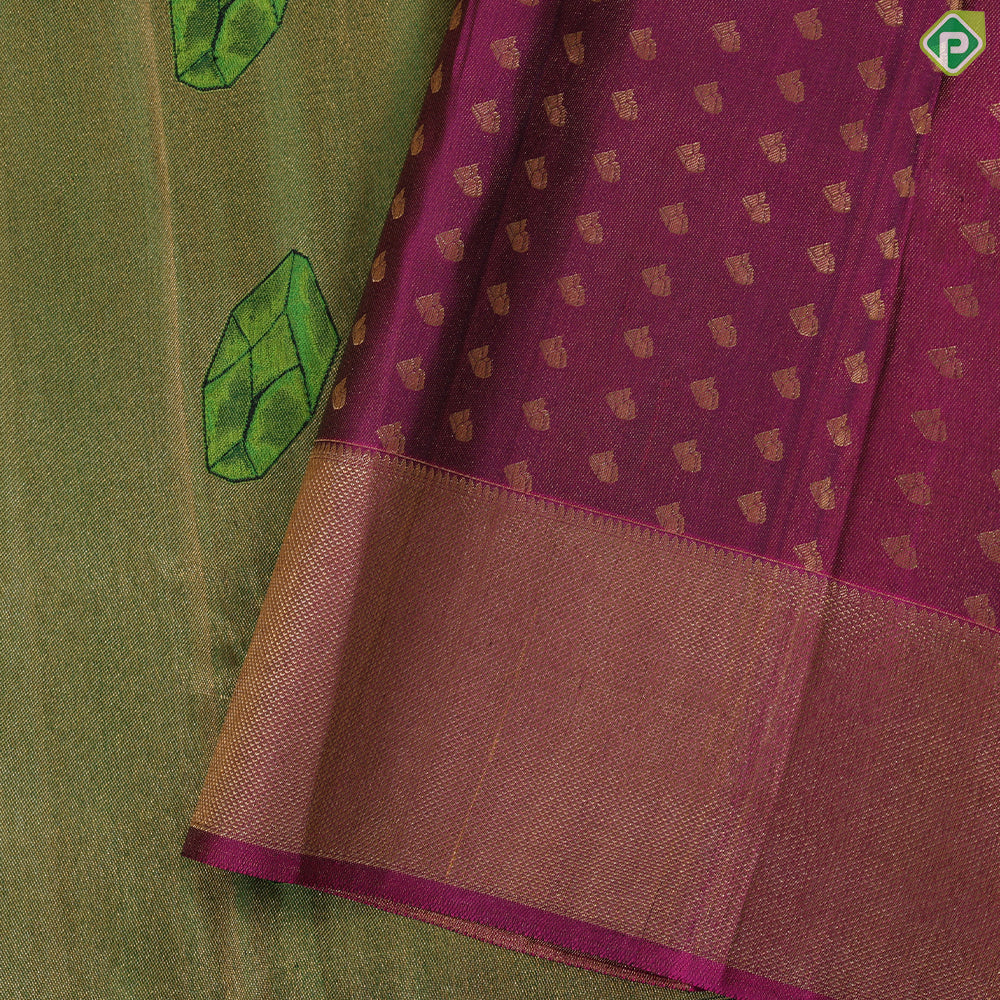 Olive green gold zari tissue weaved emerald silk butta design pink gold zari diamond border trendy tissue silk saree